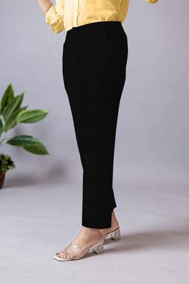 black regular fit mid-rise flat front trouser for women 3