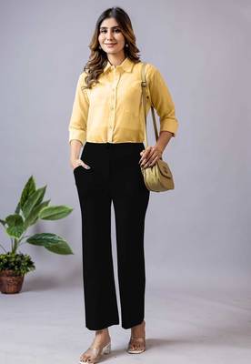 black regular fit mid-rise flat front trouser for women 4