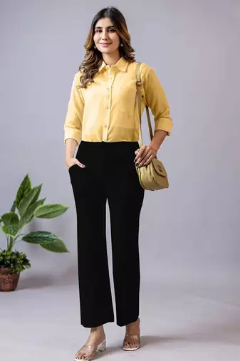 black regular fit mid-rise flat front trouser for women