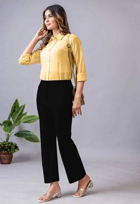 black regular fit mid-rise flat front trouser for women 5