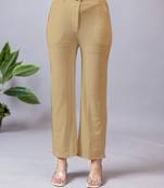Women solid beige regular fit mid-rise flat front trousers