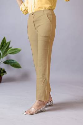 beige regular fit mid-rise flat front trouser for women 3