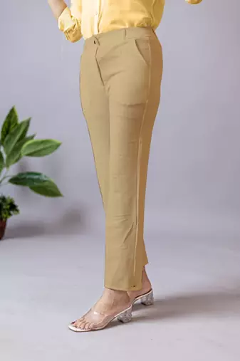 beige regular fit mid-rise flat front trouser for women