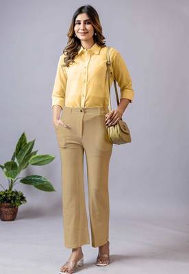 beige regular fit mid-rise flat front trouser for women 4