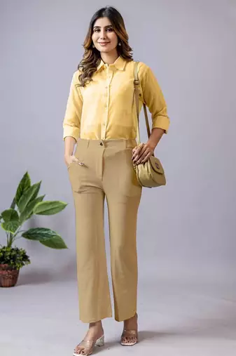 beige regular fit mid-rise flat front trouser for women
