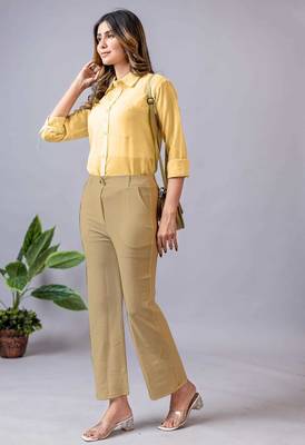 beige regular fit mid-rise flat front trouser for women 5