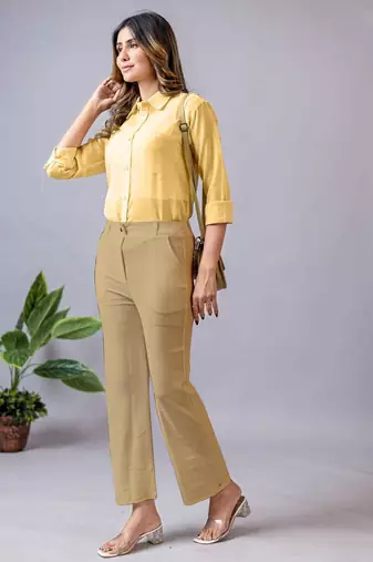 beige regular fit mid-rise flat front trouser for women