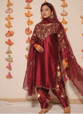 Maroon embroidery satin fully stitched farshi salwar suit set 7