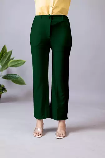women solid dark green regular fit mid-rise flat front trousers