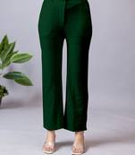 Women solid green regular fit mid-rise flat front trousers
