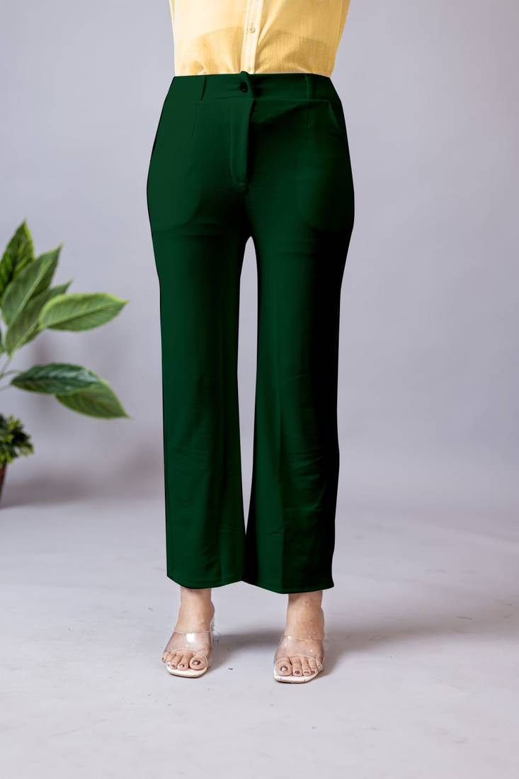 Women solid green regular fit mid-rise flat front trousers