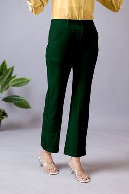 women solid dark green regular fit mid-rise flat front trousers 3