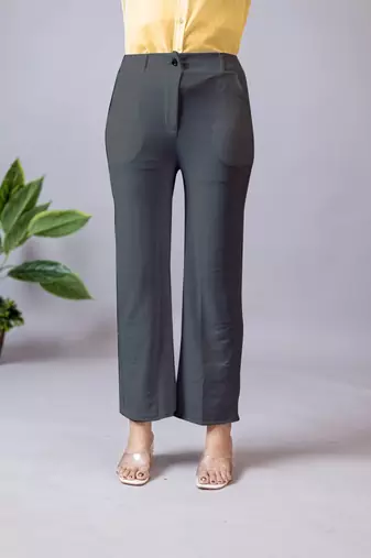women solid charcoal grey regular fit mid-rise flat front trousers