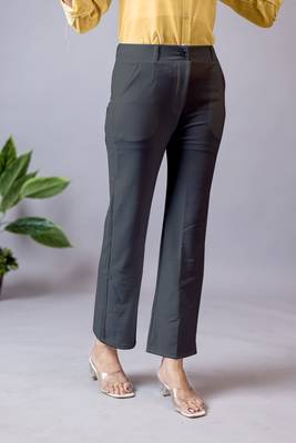 women solid charcoal grey regular fit mid-rise flat front trousers 2