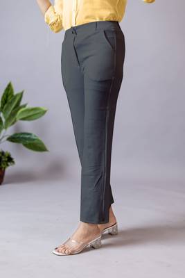 women solid charcoal grey regular fit mid-rise flat front trousers 3