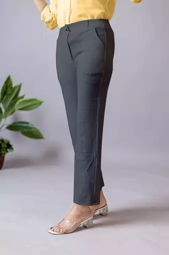 women solid charcoal grey regular fit mid-rise flat front trousers