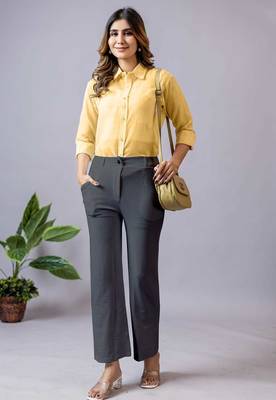 women solid charcoal grey regular fit mid-rise flat front trousers 4