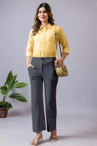 women solid charcoal grey regular fit mid-rise flat front trousers