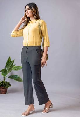 women solid charcoal grey regular fit mid-rise flat front trousers 5