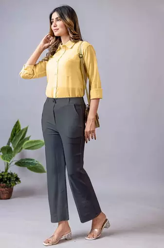 women solid charcoal grey regular fit mid-rise flat front trousers