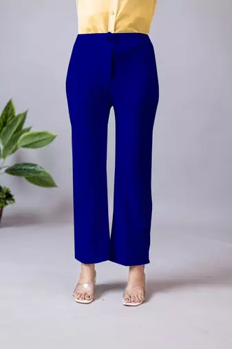 women solid royal blue regular fit mid-rise flat front trousers