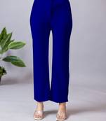Women solid navy blue regular fit mid-rise flat front trousers