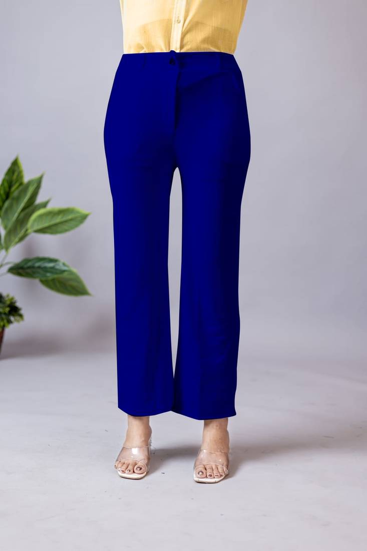 Women solid navy blue regular fit mid-rise flat front trousers