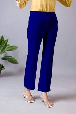 women solid royal blue regular fit mid-rise flat front trousers 2