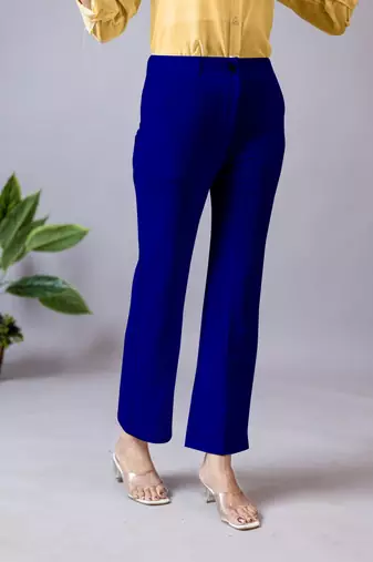 women solid royal blue regular fit mid-rise flat front trousers