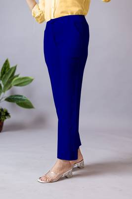 women solid royal blue regular fit mid-rise flat front trousers 3