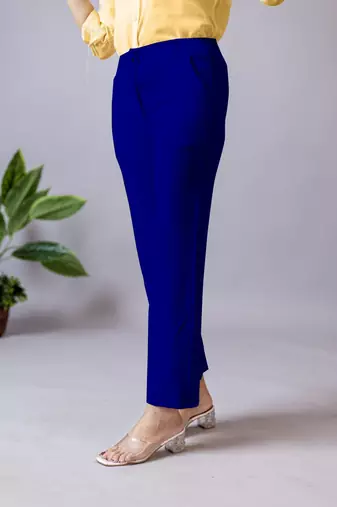 women solid royal blue regular fit mid-rise flat front trousers
