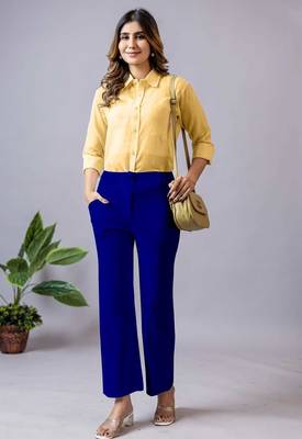 women solid royal blue regular fit mid-rise flat front trousers 4