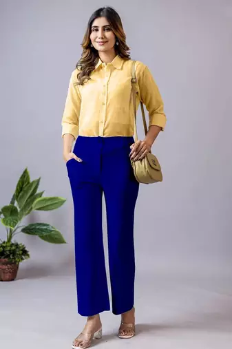 women solid royal blue regular fit mid-rise flat front trousers