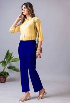 women solid royal blue regular fit mid-rise flat front trousers 5