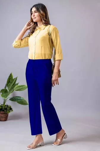 women solid royal blue regular fit mid-rise flat front trousers