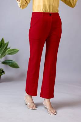 women solid red regular fit mid-rise flat front trousers 2