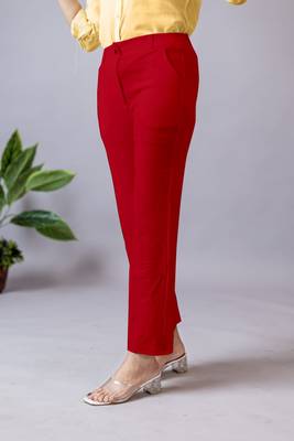 women solid red regular fit mid-rise flat front trousers 3