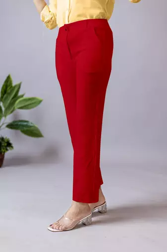 women solid red regular fit mid-rise flat front trousers