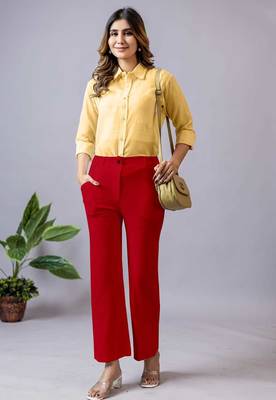 women solid red regular fit mid-rise flat front trousers 4