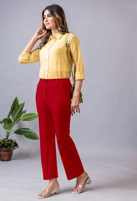 women solid red regular fit mid-rise flat front trousers 5