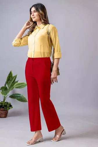 women solid red regular fit mid-rise flat front trousers