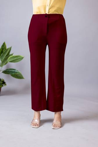 Women solid maroon regular fit mid-rise flat front trousers