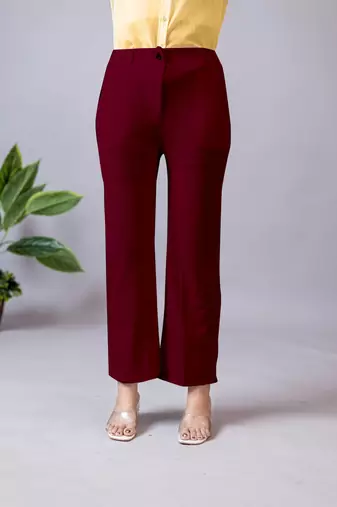 maroon regular fit mid-rise flat front trouser for women