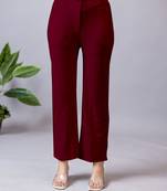 Women solid maroon regular fit mid-rise flat front trousers