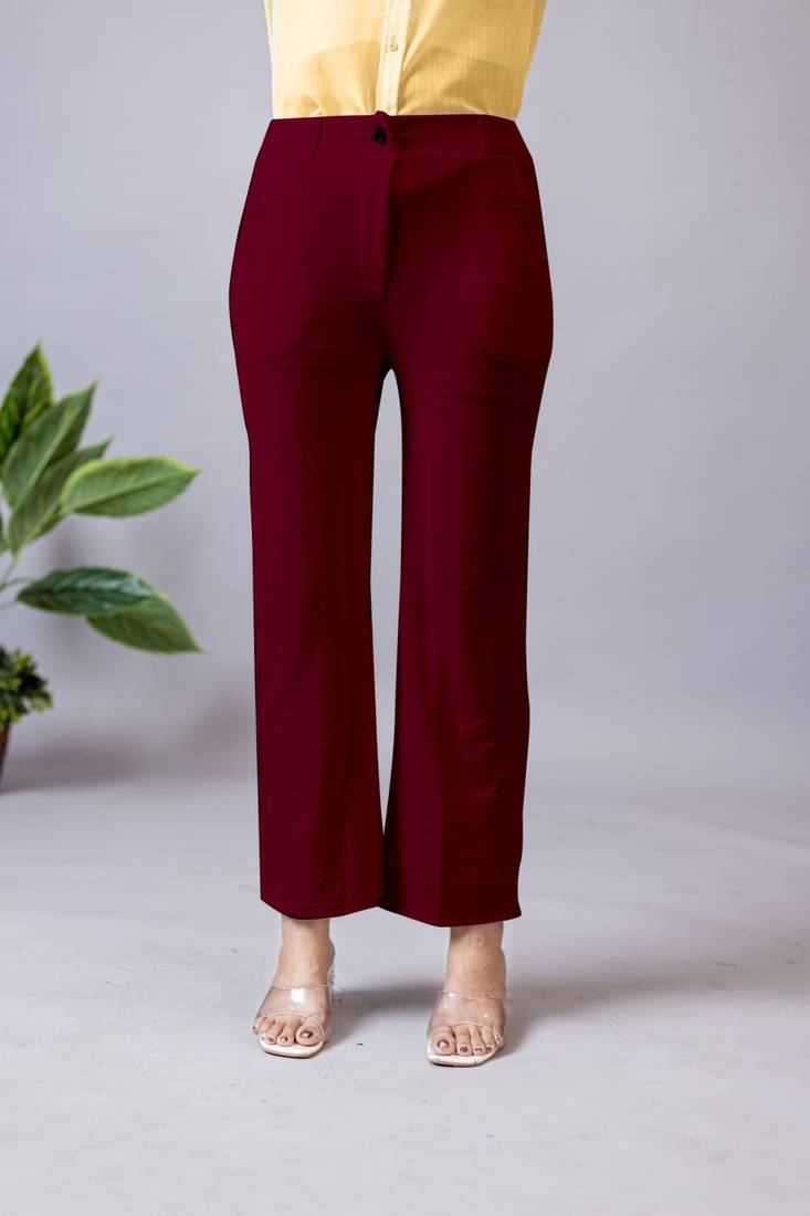 Women solid maroon regular fit mid-rise flat front trousers