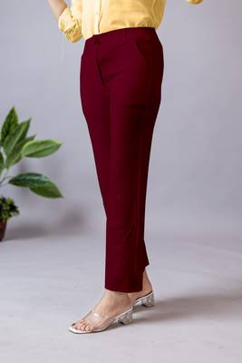 maroon regular fit mid-rise flat front trouser for women 2