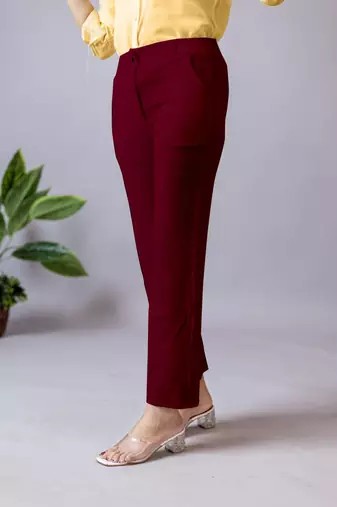 maroon regular fit mid-rise flat front trouser for women
