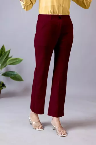 maroon regular fit mid-rise flat front trouser for women