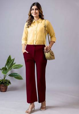 maroon regular fit mid-rise flat front trouser for women 4