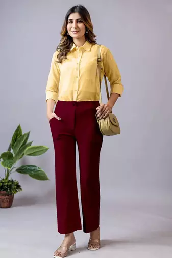 maroon regular fit mid-rise flat front trouser for women